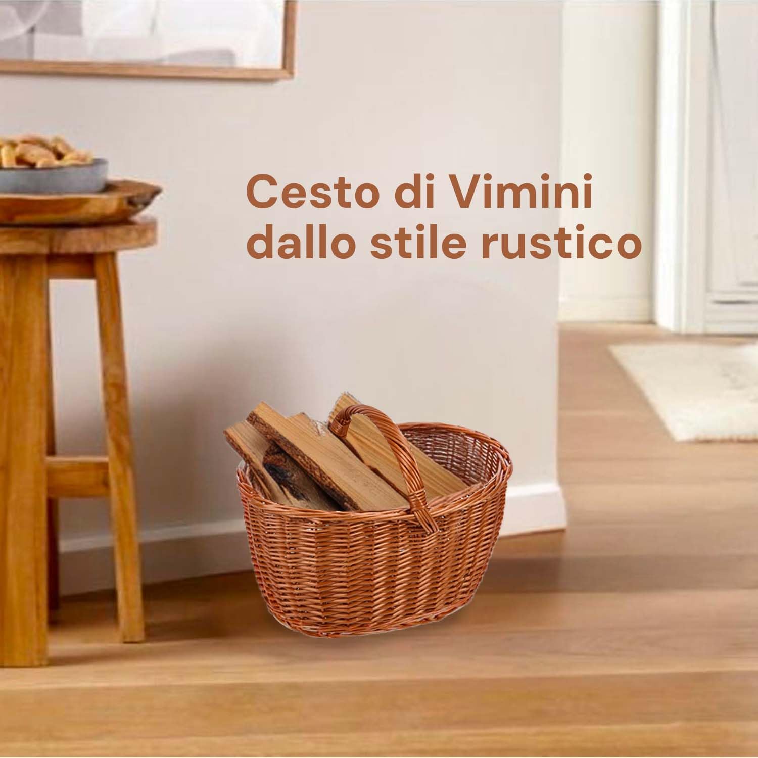 Cestino di Vimini Portalegna - Cesto in Vimini Porta Oggetti, con Manico, per Legna da Ardere, 50x35x35 cm