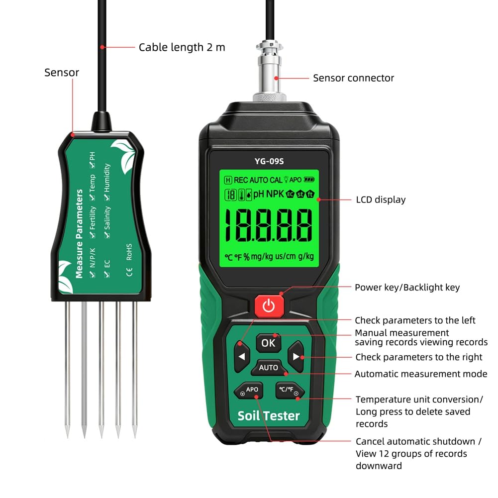 Analizador de Suelo Digital 9 en 1 con Sensor, y EC, Detector de Temperatura, Humedad, Salinidad y Fertilidad para Jardín