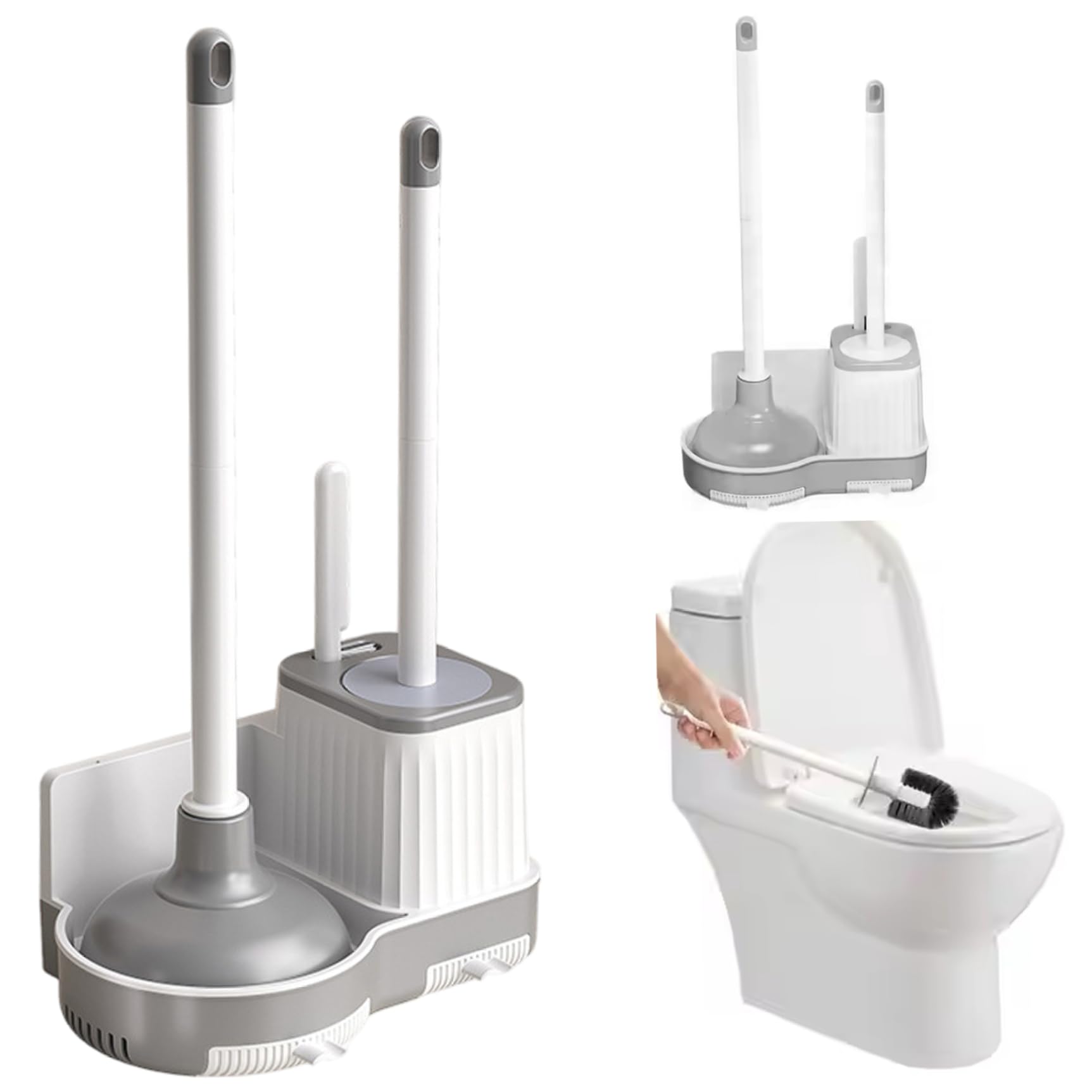 Hbbgdiy Grey White 3 In 1 Toilet Brush And Plunger Set With Crevice Cleaning Brush Standing/Wall Mounted Toilet Scrubber And Plunger Holder Bathroom Cleaning Kit For Bowl Bathroom Care