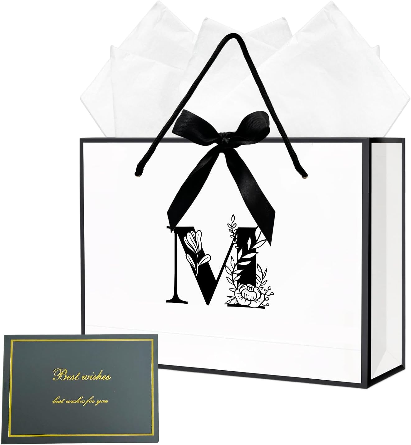 Alphabet Birthday Gift Bag, Initial Gift Bag with Card and Tissue Paper for Men Women, Large Black White Personalized Bow Bags for Bridal Party, Wedding, Graduation, Birthday Gifts Bags (Letter M)