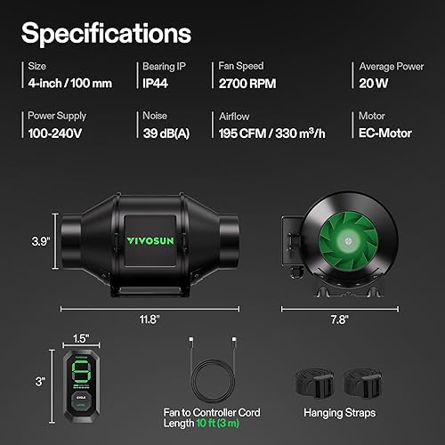 Miniatura 44 de VIVOSUN AeroZesh T4 Ventilador de conducto en línea, silencioso ventilador de escape de ventilación de 4 pulgadas 210 CFM con motor EC y controlador