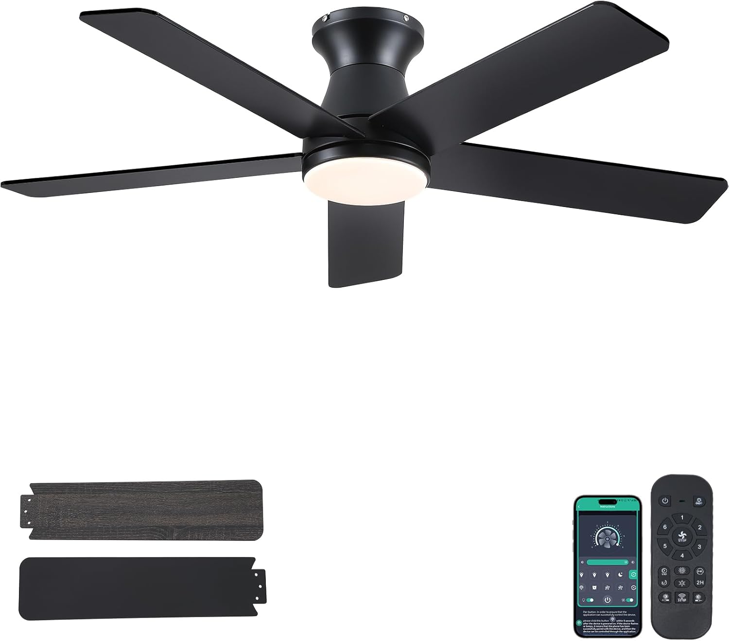 46" Low Profile Ceiling Fans with Lights and Remote,Black Outdoor Ceiling Fans with Quiet Reversible DC Motor, Modern Flush Mount Ceiling Fan Light for Living Room Patio Kitchen