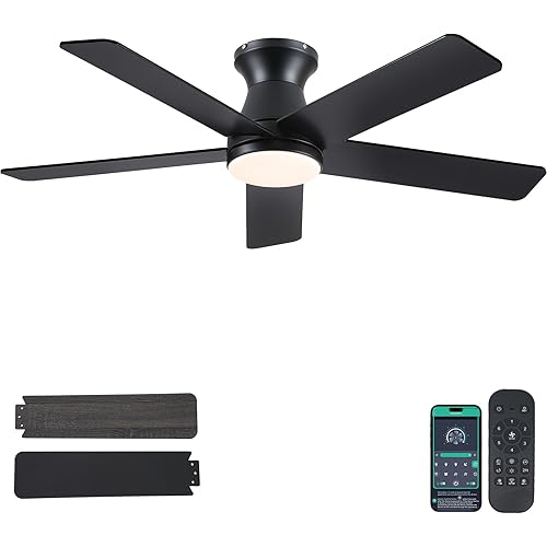 46" Low Profile Ceiling Fans with Lights and Remote, Black Indoor Ceiling Fan Light with Quiet Reversible DC Motor,Modern Flush Mount Ceiling Fans with Dimmable LED for Bedroom Kitchen