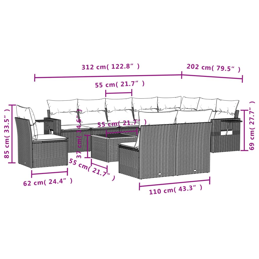 vidaXL Salon de Jardin avec Coussins 11 pcs, Canapés de Terrasse, Ensemble de Meubles de Patio, Mobilier d'Extérieur, Noir Résine Tressée