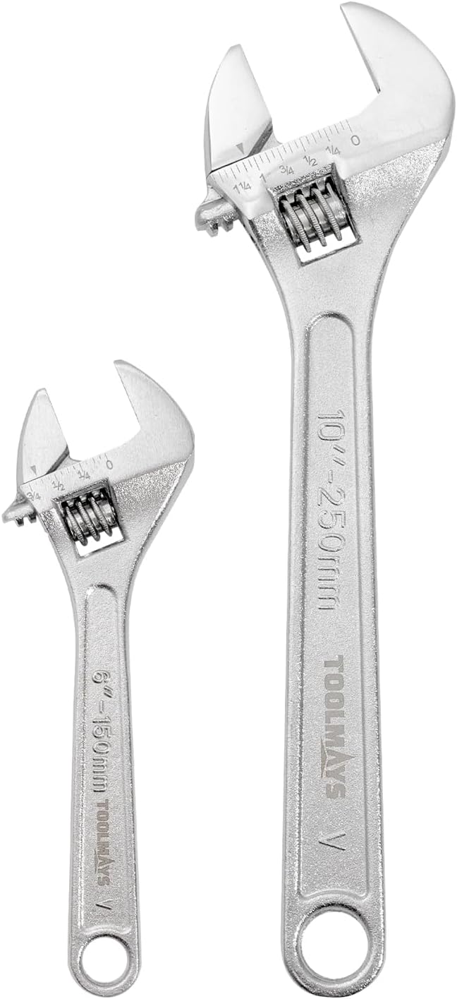 Adjustable Wrench Set Forged, 6", 8" Heat Treated, Chrome-plated Wrench Set Max jaw capacity 1-3/16"