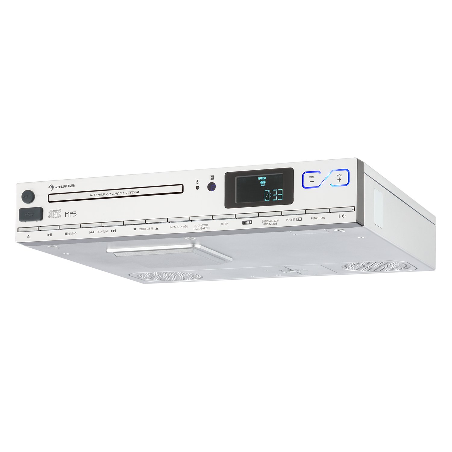 auna KCD-20 - Radio de Cocina, Radio para Mueble, Aspecto de Aluminio, Radio FM, RDS, Memoria 20 emisoras, Puerto USB Compatible con MP3, AUX, Alarma, Mando a Distancia, Plateado