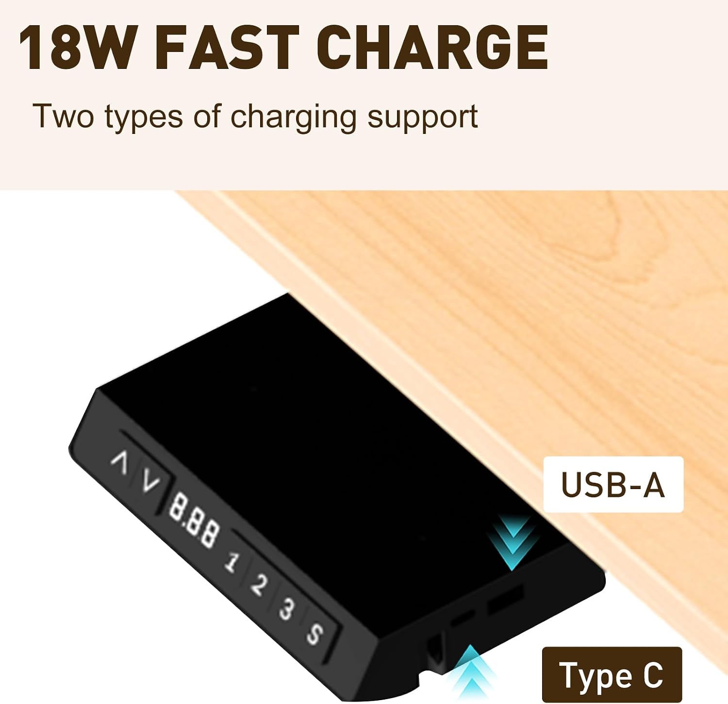 Image showing the 18W fast charging USB-A and Type-C ports on the HOMAVO Z2301 desk.