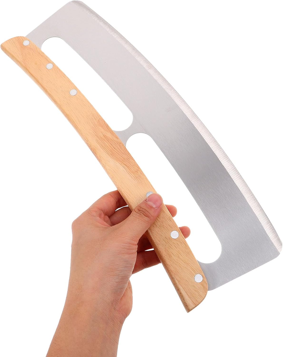 Pizza Cutter Wheel Stainless Steel Rocker with Wooden Handle and Protective Cover, Long Half-moon Blade Bread Slicer Knife for Kitchen Pizza Making and Baking