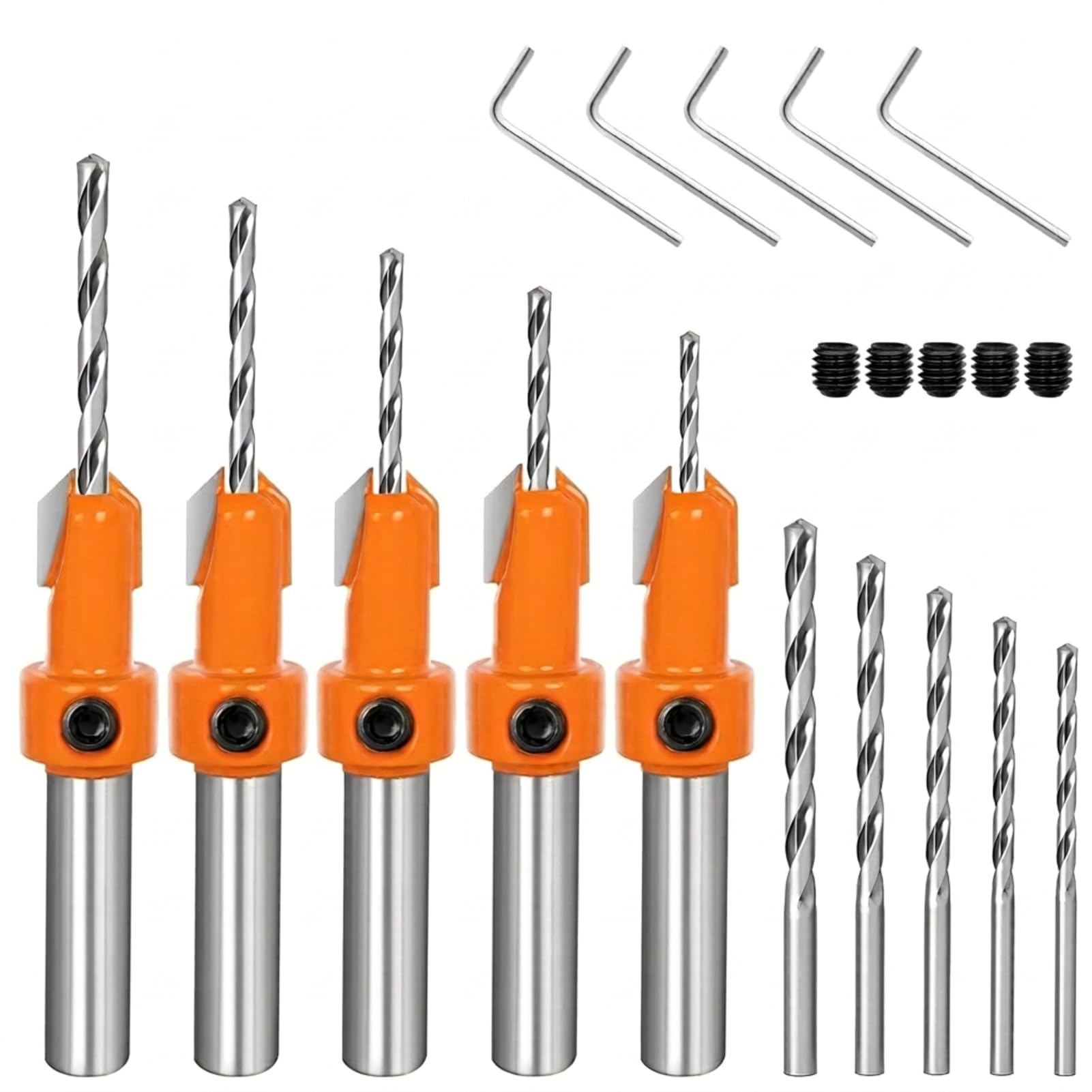 5 Pcs Countersink Drill Bit Set Quick Change 8mm Adjustable Drill Countersink Bit Set with 5Pcs Free Replaceable Drill Bits & 5Pcs Wrenches for Woodworking Counter Sink Drills Bits