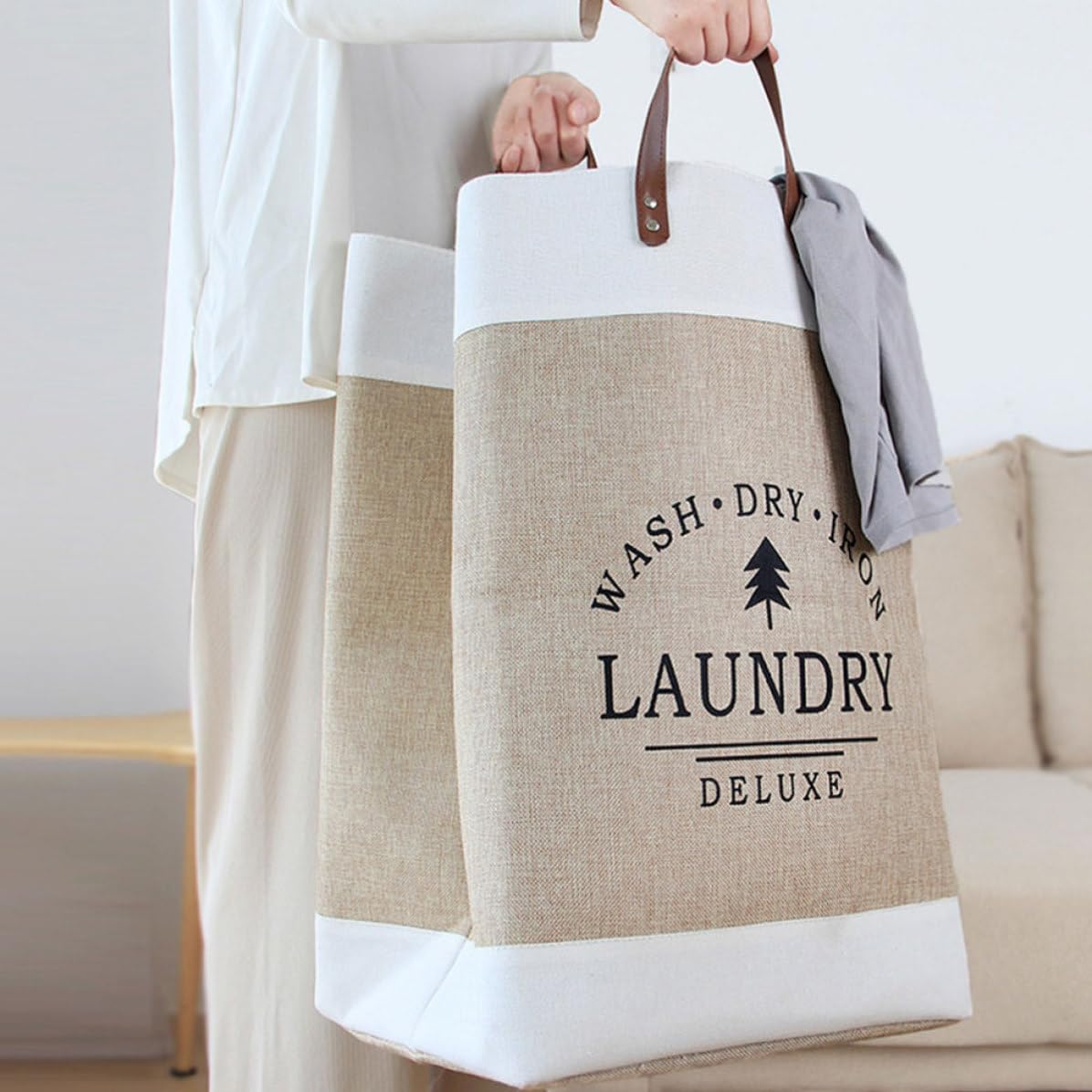 GALPADA Großer Praktischer Aufbewahrungsorganizer Baumwoll Leinen Stoff aus Wäschekorb mit Khaki Farbe Einfacher Reinigung und für und Schlafzimmer