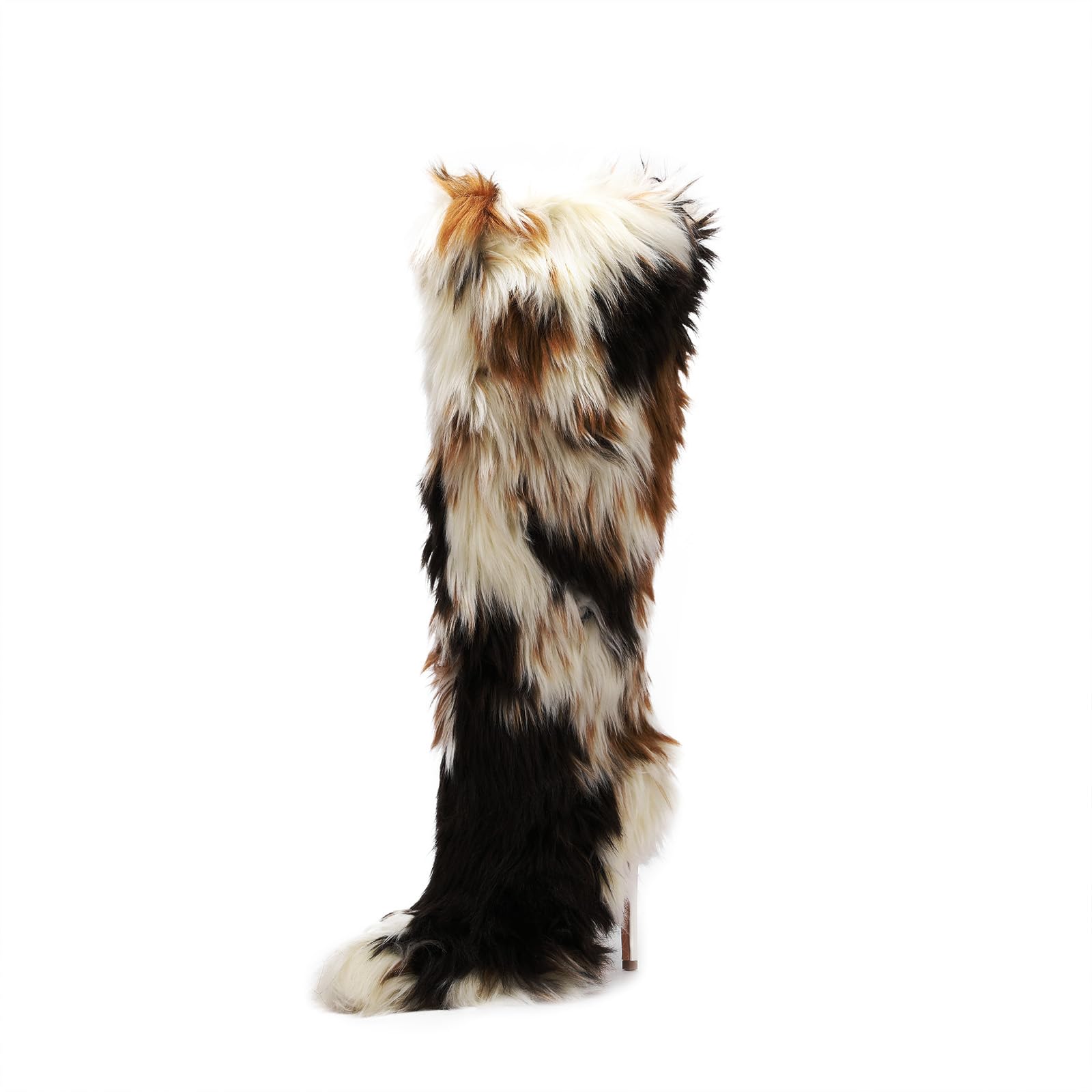 FancyQueen Faux Fur Boots for Women Knee High Furry Heel Boots Fashion Pointed Toe Snow Winter Boot Warm