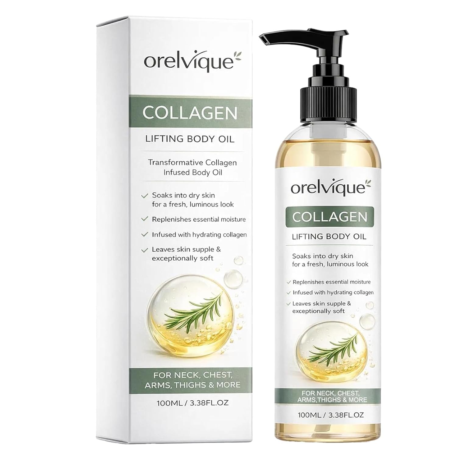 Orelvique Collagen Oil For Skin Tightening, Firming Moisturizing Oil for Arms, Legs, Neck & Face, Fast-Absorbing Non-Greasy Formula with Marine Collagen, Jojoba, Shea Butter, Aloe Vera (1pc)