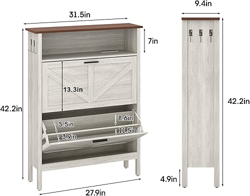 Miniatura 3 de Vabches Armario de zapatos para entrada con 2 cajones abatibles, organizador de zapatos con iones negativos y función desodorizante, armario oculto