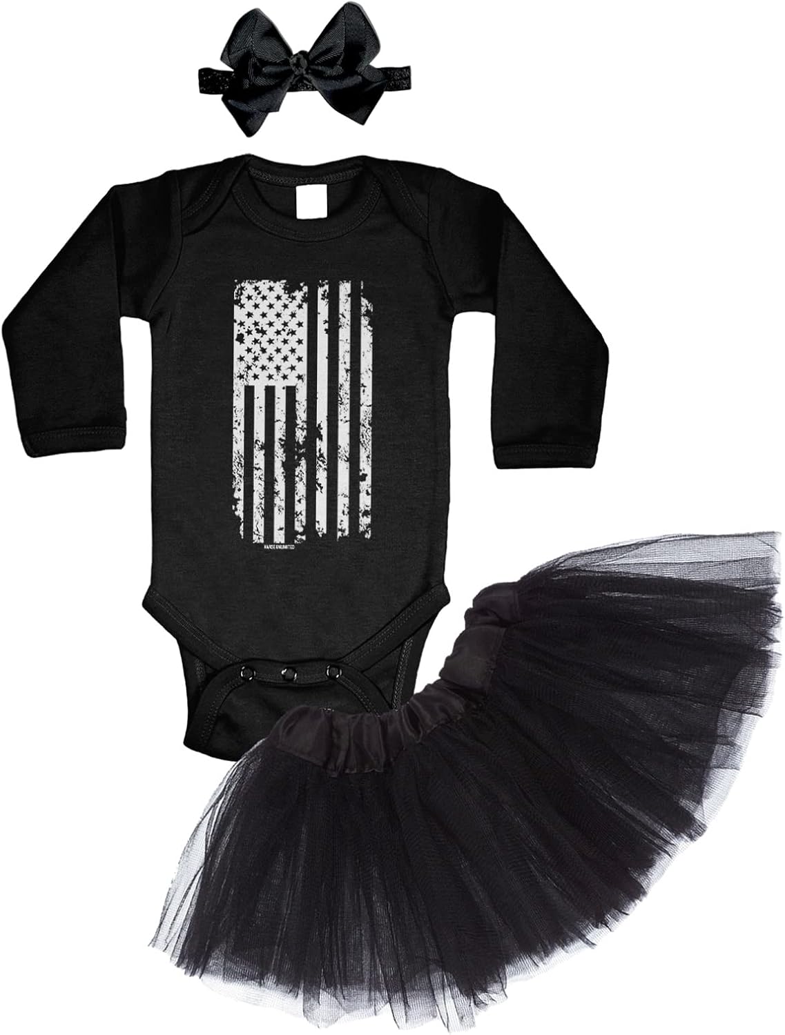 Distressed White American Flag - USA Pride Baby Bodysuit + Tutu Skirt + Bow Headband Set
