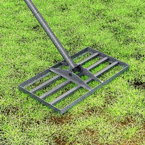 Rasenlevelrakete 43x25cm mit verstellbarem Stiel, rostschutzbeschichteter Rasenrechen aus Stahl für Garten, Hof, Golfplatz und Rasenpflege