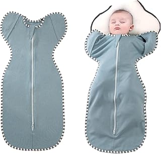 لينجي لفافة لف للاطفال، كيس نوم للاطفال، كيس نوم للاطفال مع ذراعين، بطانية لف لحديثي الولادة بسحاب ثنائي الاتجاه للجنسين من عمر 3-9 اشهر (M(70 × 35 سم)، أزرق