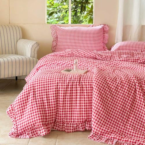 Image of NSNLGSGC Red Ruffle Gingham Comforter Set Queen, Pre-Washed Ruffled Plaid Checked Comforter Bedding, 3 Pieces Vintage Farmhouse Grid Bedding Set(Red Gingham, Queen)