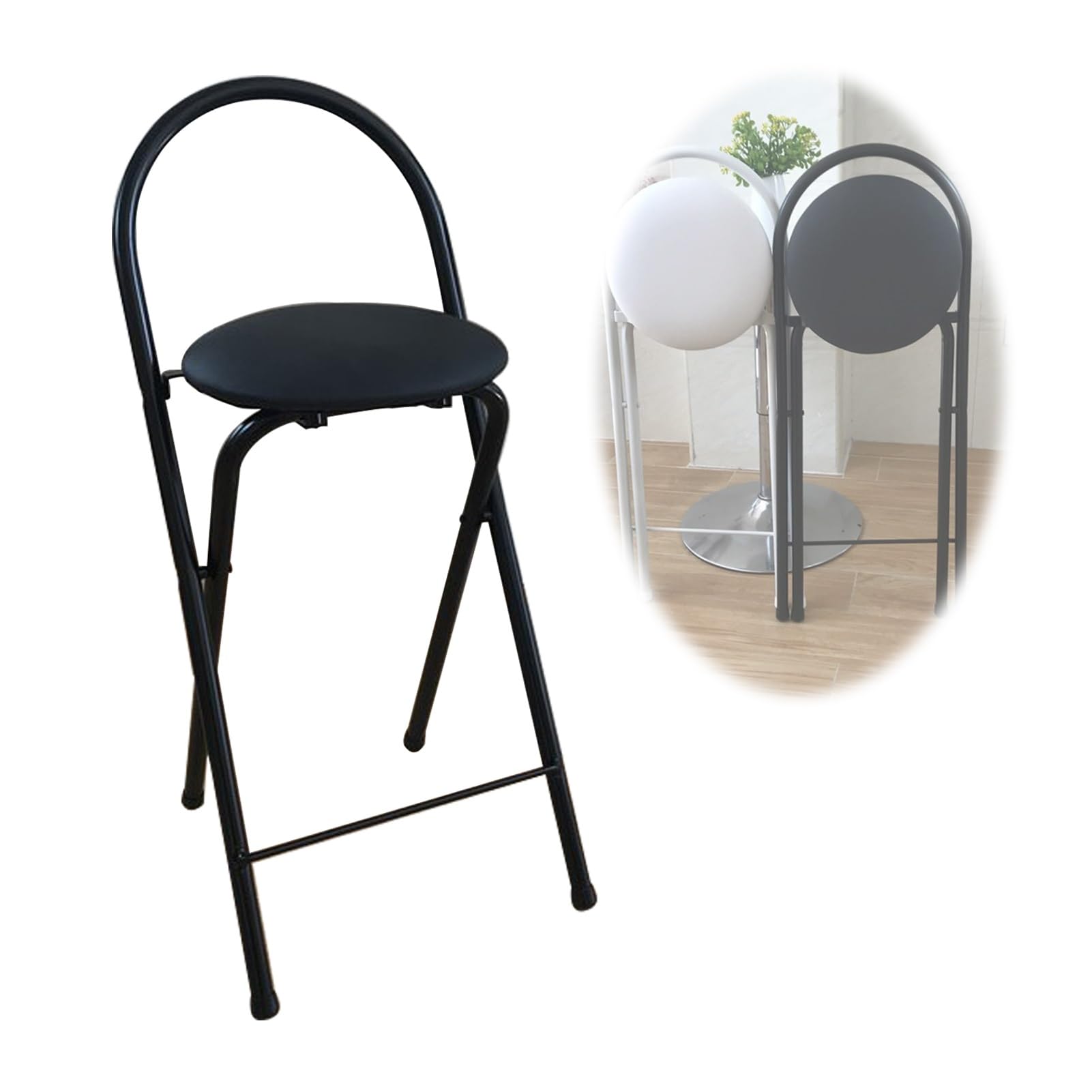 Tabouret de Bar Pliant Portable 60 Cm Avec Dossier, Tabouret Rond Pliable Pour Îlot de Cuisine, Coin Repas, Camping, Design Gain de Place (Une Couleur - D)/Une Seule Couleur/D