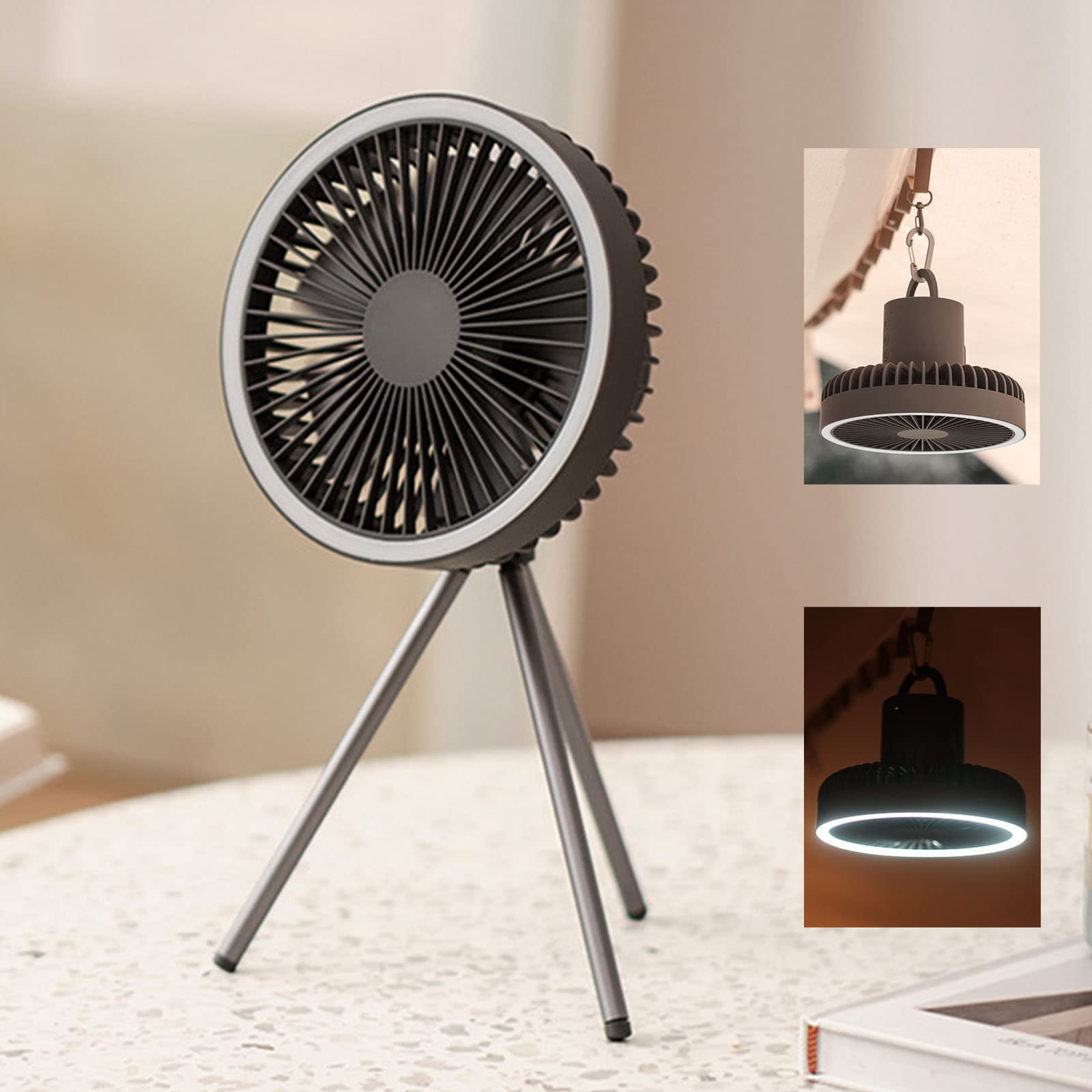 Ventilador de tienda con trípode, ventilador de escritorio con luz, 18 x 18 cm, 560 g, 10000 mAh, tiempo de trabajo 27 H (gris)