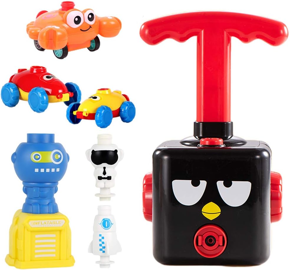Balloon Powered Toy Set Balloon Power Car Multifunctional Air Powered Racer Launcher with Astronaut Rocket Crab Creative STEM Toy for Kids-12 Balloons (Black Bird with Blue Launcher)