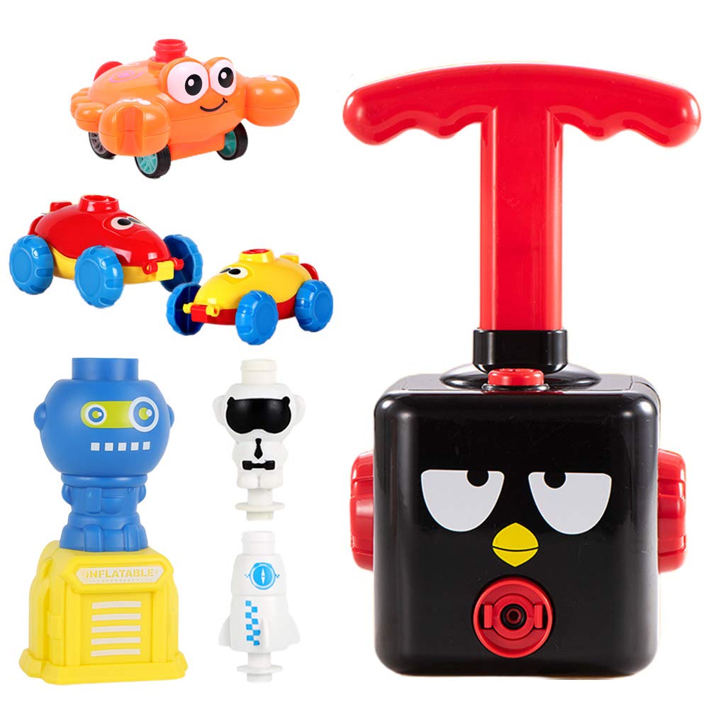 Balloon Powered Toy Set Balloon Power Car Multifunctional Air Powered Racer Launcher with Astronaut Rocket Crab Creative STEM Toy for Kids-12 Balloons (Black Bird with Blue Launcher)