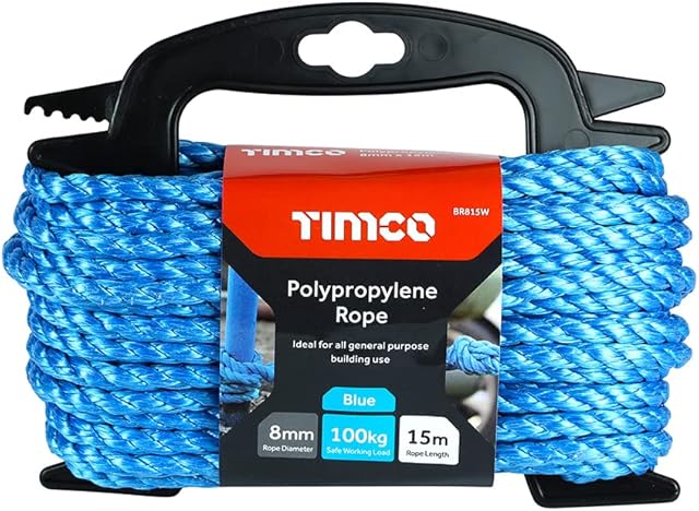 TIMCO Polypropylene Blue Rope  General purpose  Great for towing, mooring, strapping, cable draw cord and as a washing line - 8mm x 15m