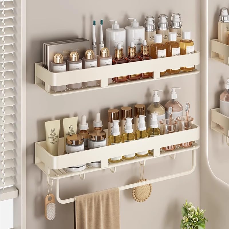 J.OZEANE Estante de ducha sin taladrar 40 cm, 2 unidades de acero inoxidable con 5 ganchos, estantería de baño de gran capacidad, cesta de ducha y soporte para champú para baño y cocina (color blanco)