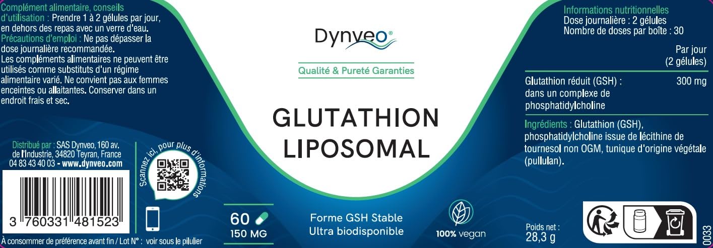 dynveo glutathion Glutathion Liposomal Naturel - Forme Réduite GSH - Biodisponible & Stable -  Antioxydant - Immunité & Détox - Qualité Supérieure - Sans Additifs