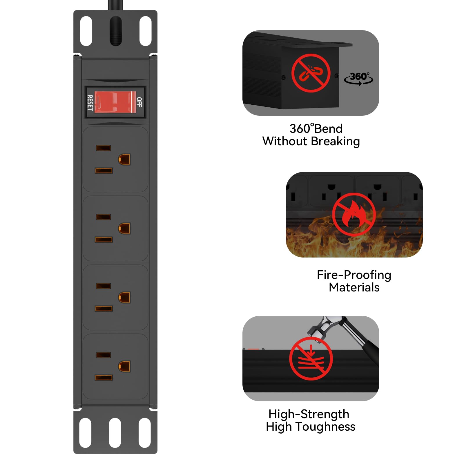 Unidad de distribución de energía para rack de 10 pulgadas, 1U (4 tomacorrientes) de 10 pulgadas, mini rack de 10 pulgadas, con protección (cable de 125 V/15 A, 6 pies), tira de alimentación para