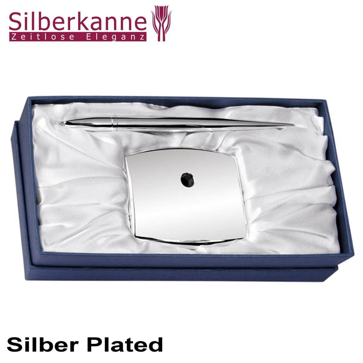 Schreibtisch-Set: Kugelschreiber mit Halter (8x7 cm) | Silber Plated versilbert | Edles Geschenk | In Geschenkbox