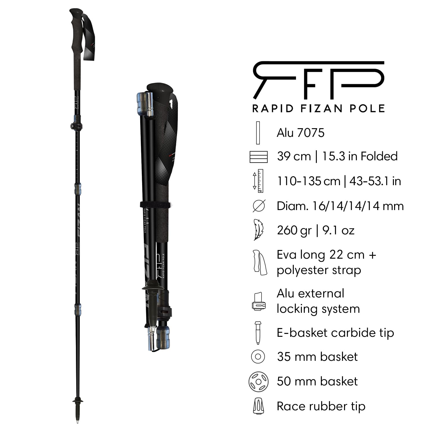 Fizan RFP Touring – Verstellbare Trekkingstöcke für Walking & Wandern – Schnell zusammenklappbar für 38,1 cm zusammengeklappte Länge