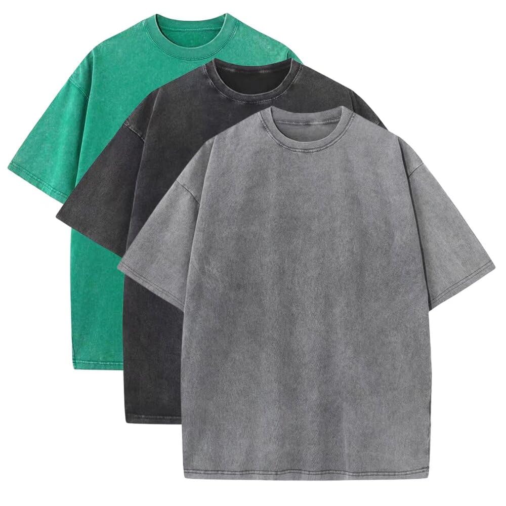 Men's Cotton Oversized Acid Wash T Shirts Crew Neck Casual Basic Tee Tops Vintage Short Sleeve