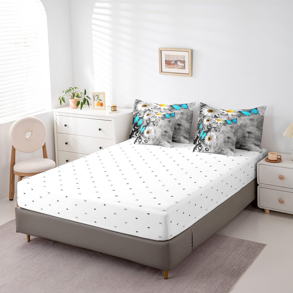 7 Piece Blue Butterfly Girls Bed in a Bag King, White Daisy Sheet Set for Women Boys Teens Flying Butterflies Rustic Garden Theme Bedding with Comforter, Modern Rural Simple Style Cushion Covers 4