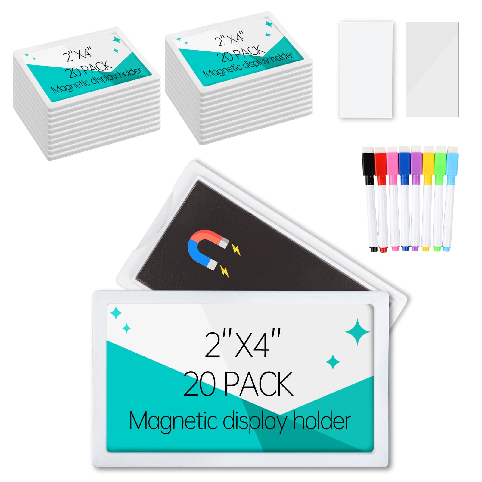 20Pcs 2x4 inch Magnetic Plastic Label Holder for Supermarket Store Price Tag, Metal Shelf File Storage Cabinet Drawer Label Tag Resuable with 8 Color Chalk Makers, 20Pcs White Paper (White)