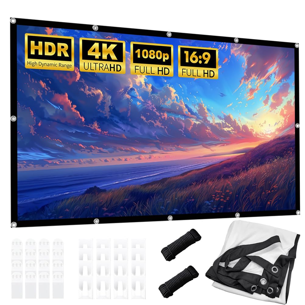 Gohytal Proiettore su tela, 16:9, HD, pieghevole, anti-piega, fronte/retro, portatile, per casa, scuola, riunioni, home theater (bianco, 100 pollici)