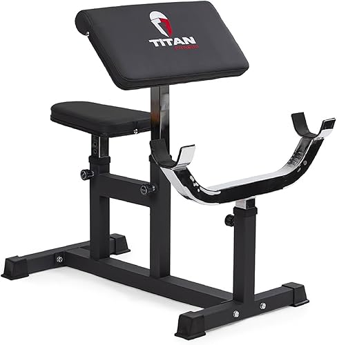 Titan Fitness Estación de peso ajustable de predicador, capacidad de 250 libras, asiento de banco ajustable, reposabrazos ajustable, cierres de