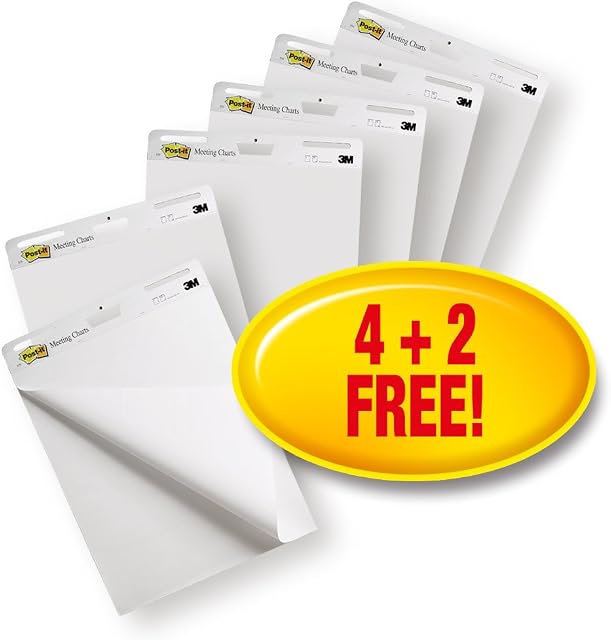 Post-it Super Sticky Meeting Charts,Value Pack, 6 Pads, 30 Sheets per Pad,635 mm x 762 mm, White Color - For Brainstorming Anywhere and Keeping all Ideas Visible