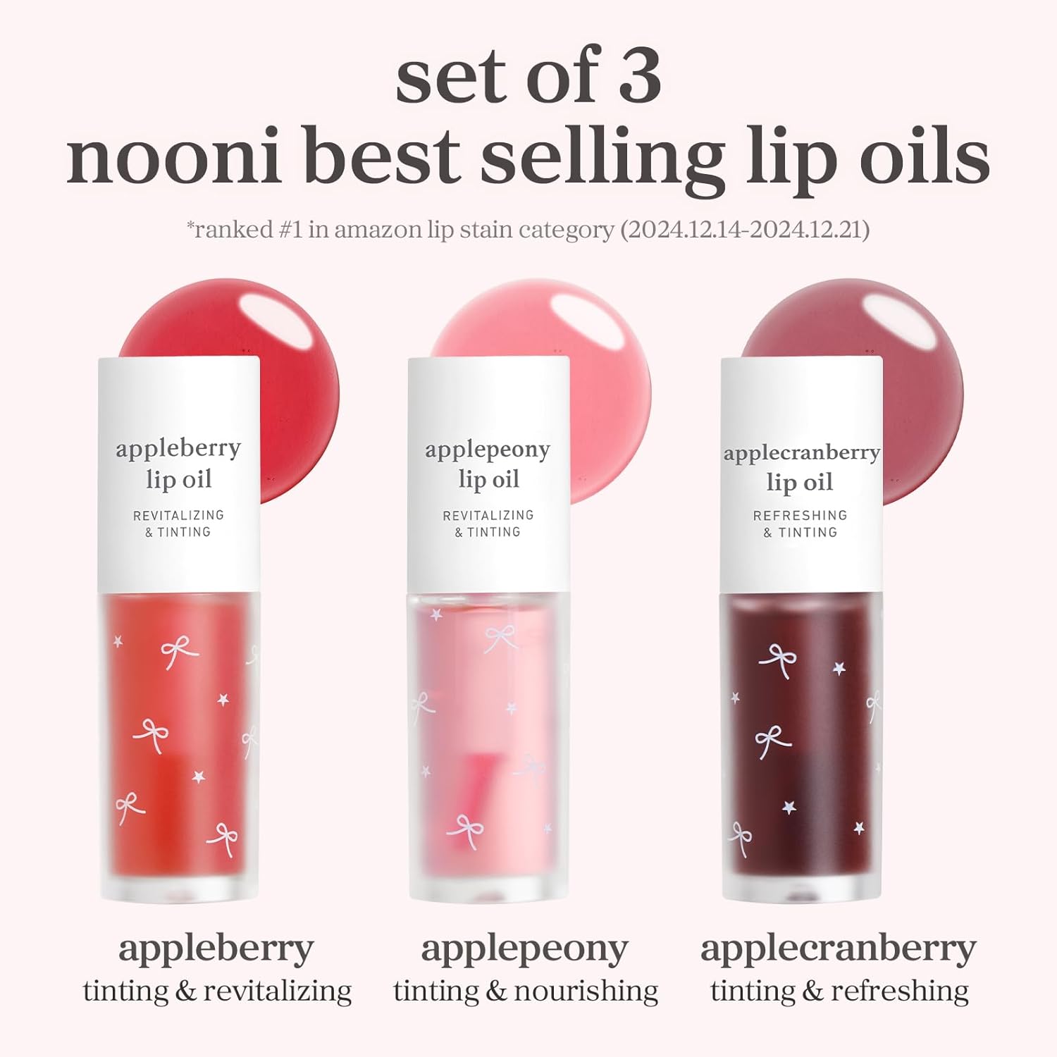 NOONI Korean Lip Oil Stain Set - Appleseed Lip Oil Trio | 2025 Holiday Ribbon Limited Edition, Korean Lip Stain Long Lasting, Stocking Stuffers, Teen Girl Gifts Stuff, lip plumper 0.12 Fl. Oz. x 3ea - Image 3