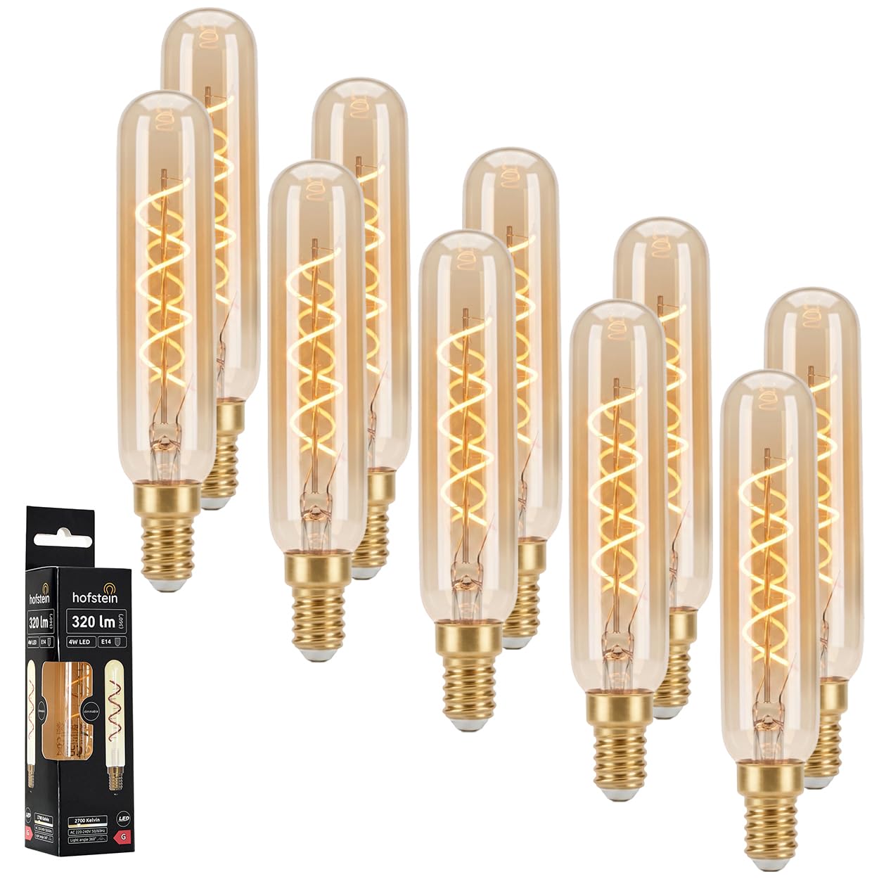 HOFSTEIN E14 LED Warmweiss Glühbirne 10er Set Vintage Glühbirne E14 Leuchtmittel 4W Ersatz Für 25W, Dekorative Längliche Retro Lampe Aus Glas Für Stimmungsvolle Akzentbeleuchtung T25