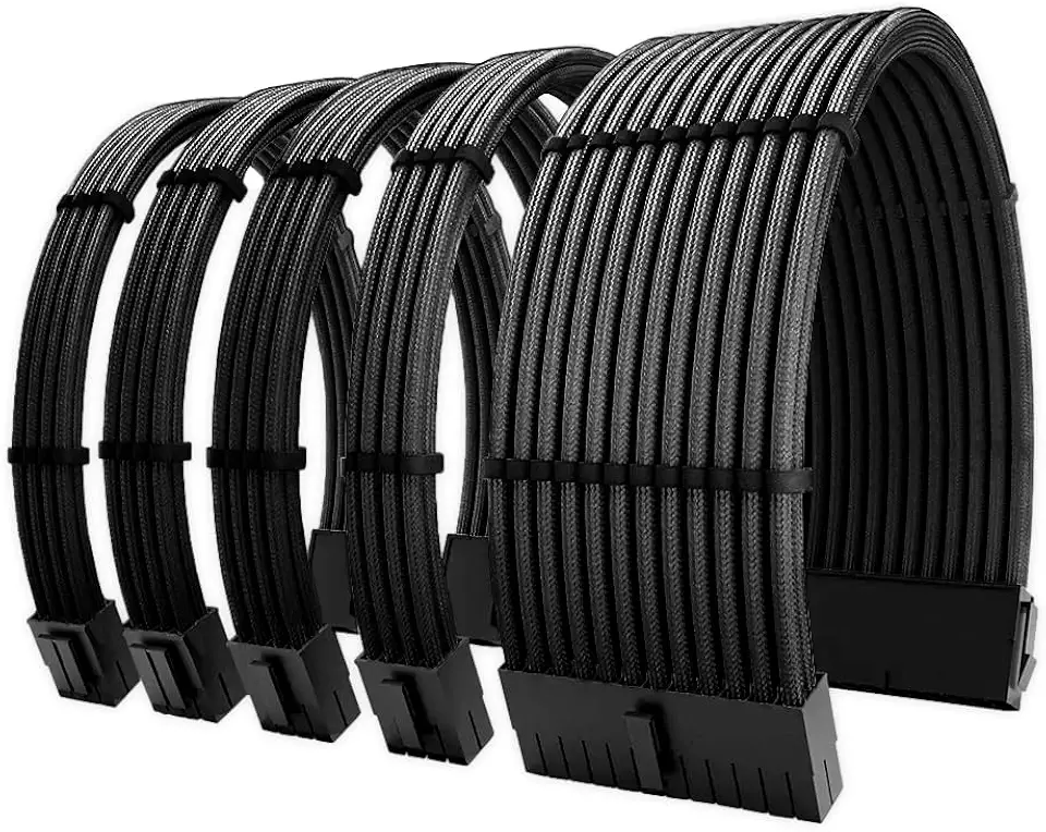 COOLMOON KIT 5 CABO SLEEVED PRETO EXTENSOR FONTE 1X24P 2X4+4P 2X6+2P - 30CM - COMPATÍVEL COM COMPUTADOR DE MESA