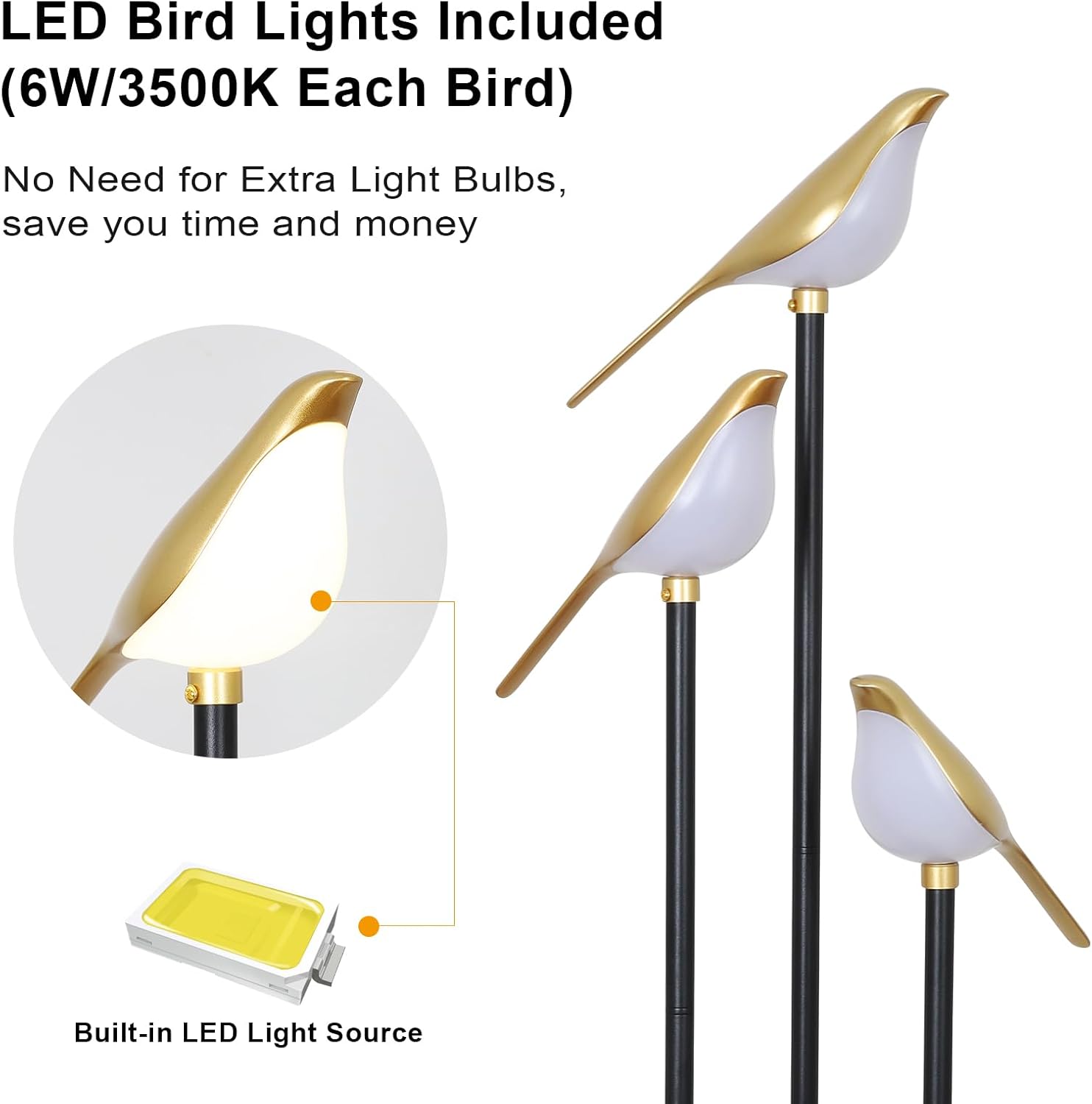 Black and Gold Floor Lamp, Bird Floor Lamp with Shelves, Modern floor Lamps for Living Room, 3-Light Corner Standing Lamp, LED Stand Up Lamp, Tall Lamp for Bedroom, Office, Cute Lighting Decor