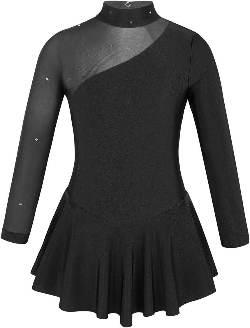 inhzoyIce Skating Dresses for Girls Long Sleeve Splice Roller Skating Tutu Skirted Ballet Dress Dance Wear