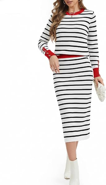 Womens 2 Piece Skirt Sets Striped Long Sleeve Sweater and Skirt Fall Sweater Dress Knit Lounge Travel Outfits