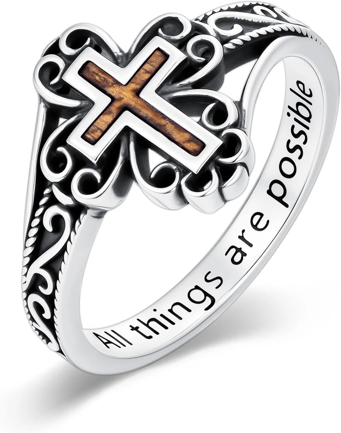 Faith Cross Ring for Women 925 Sterling Silver Wood Cross Ring Inspiring Religious Christian Jewelry Gifts (with Gift Box)