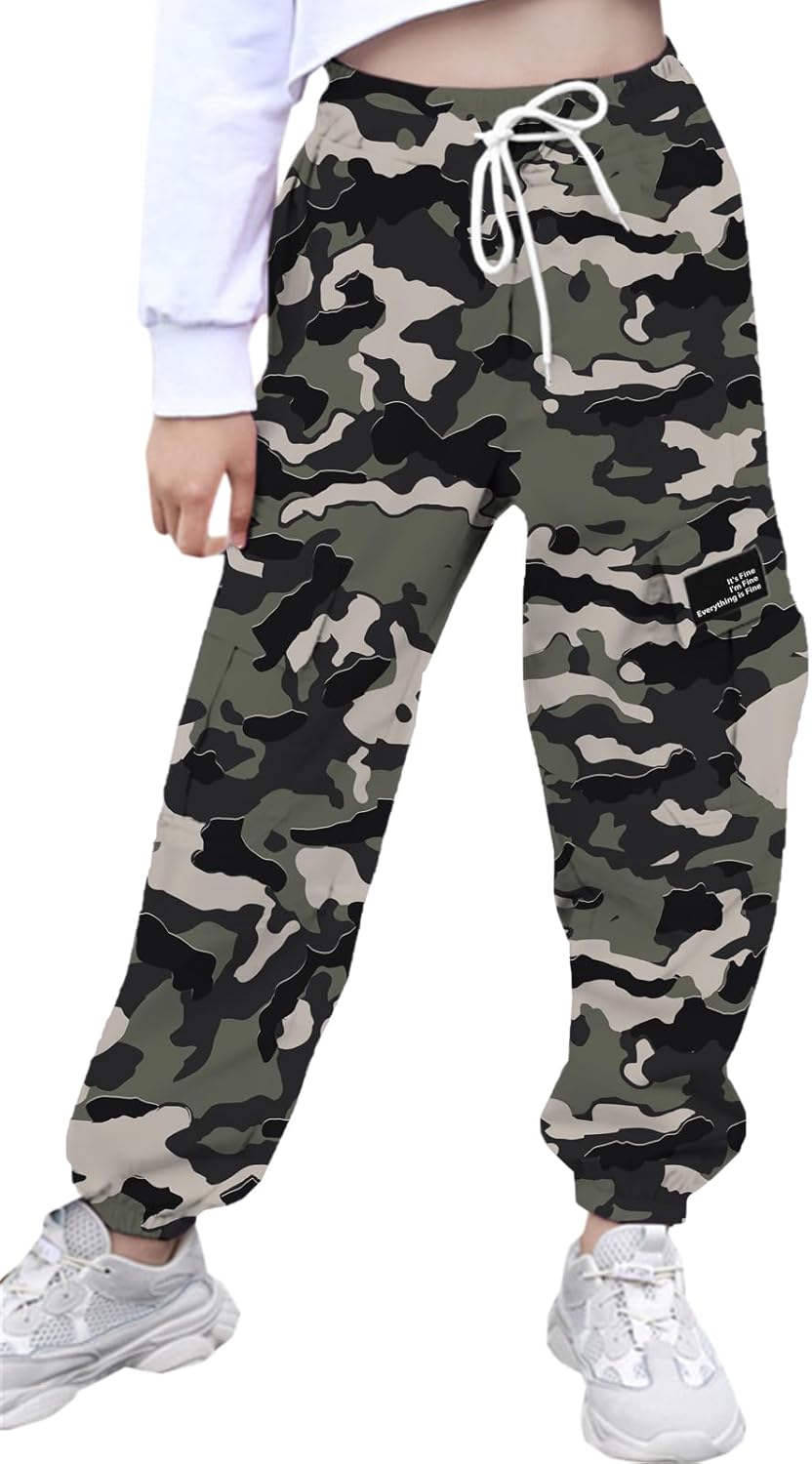 Cromoncent Girls & Womens Camo Print Cargo Pants Outdoor Lightweight Jogger Baggy Pants, 6 Years - XX-Large