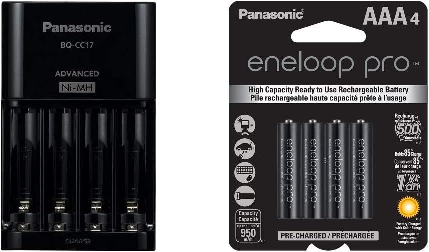 Panasonic BQ-CC17KSBA eneloop Advanced Individual Battery Charger with 4 LED Charge Indicator Lights, Black & eneloop pro AAA High Capacity Ni-MH Pre-Charged Rechargeable Batteries, 4 Pack