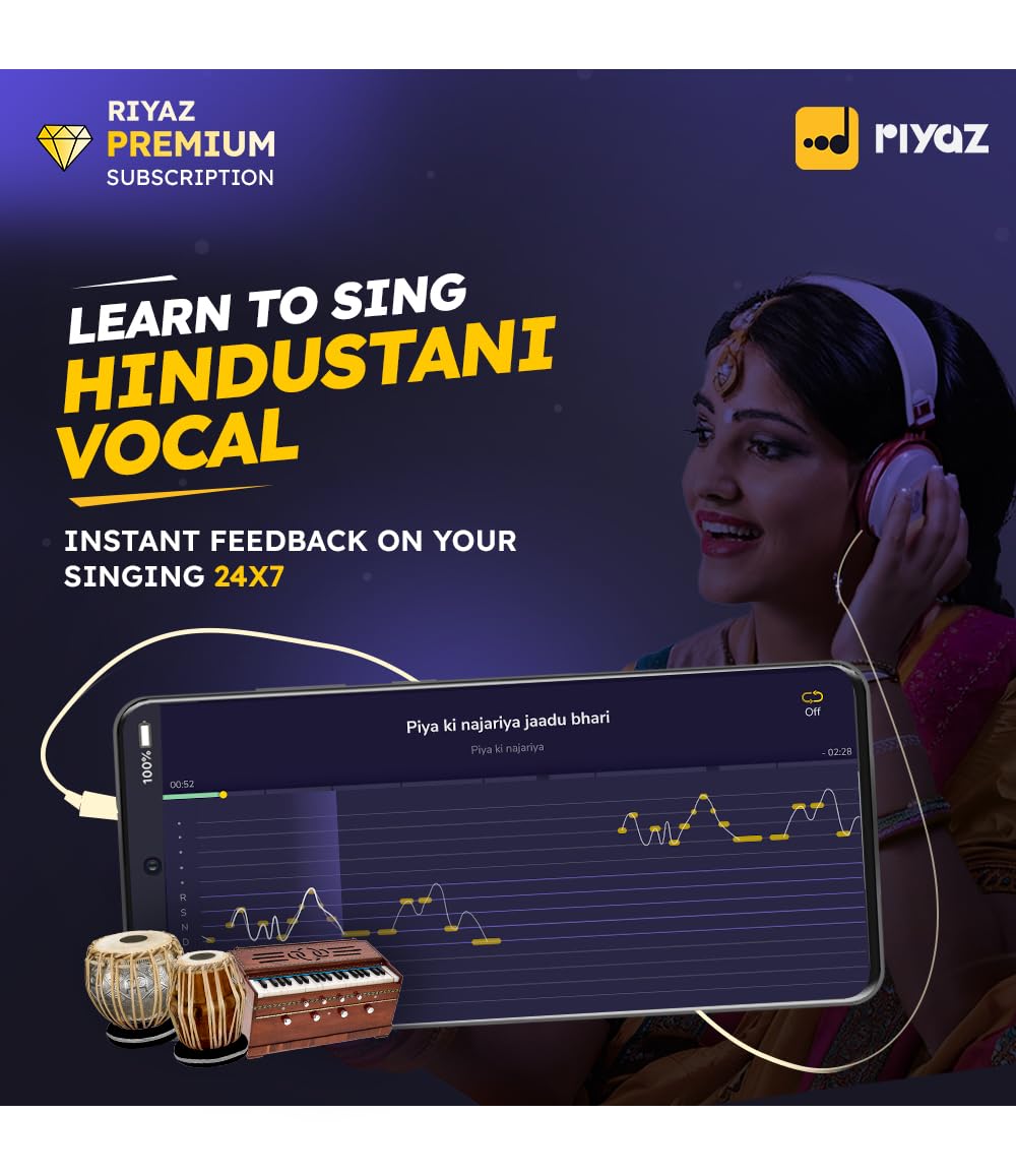Riyaz App - Learn to Sing Hindustani Vocal | 12 Months Premium Subscription | Suitable for Guitar / Harmonium / Ukulele / ABGMV Exam Learners | 35 Lakhs Learners | Activation Link by Email in 2 Hours