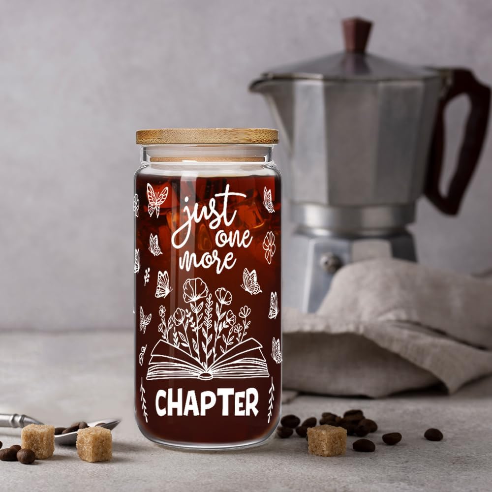 Cute Book Lovers 16oz Drinking Glass Cups with Lids and Straws Christmas Gifts for Women, Book Lover Girl, Just One More Chapter, Love Bookish Gift for Readers, Librarians, Bookaholics, Best Friend - Image 3