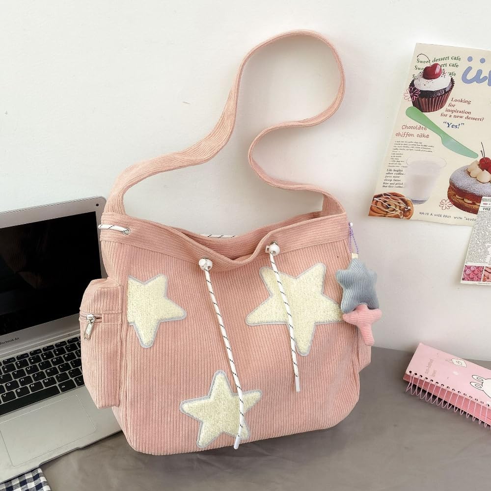 Corduroy Crossbody Bag for Women Y2k Aesthetic Star Patches Messenger Bag Cute Shoulder Tote Bag with Kawaii Pendant - Image 4