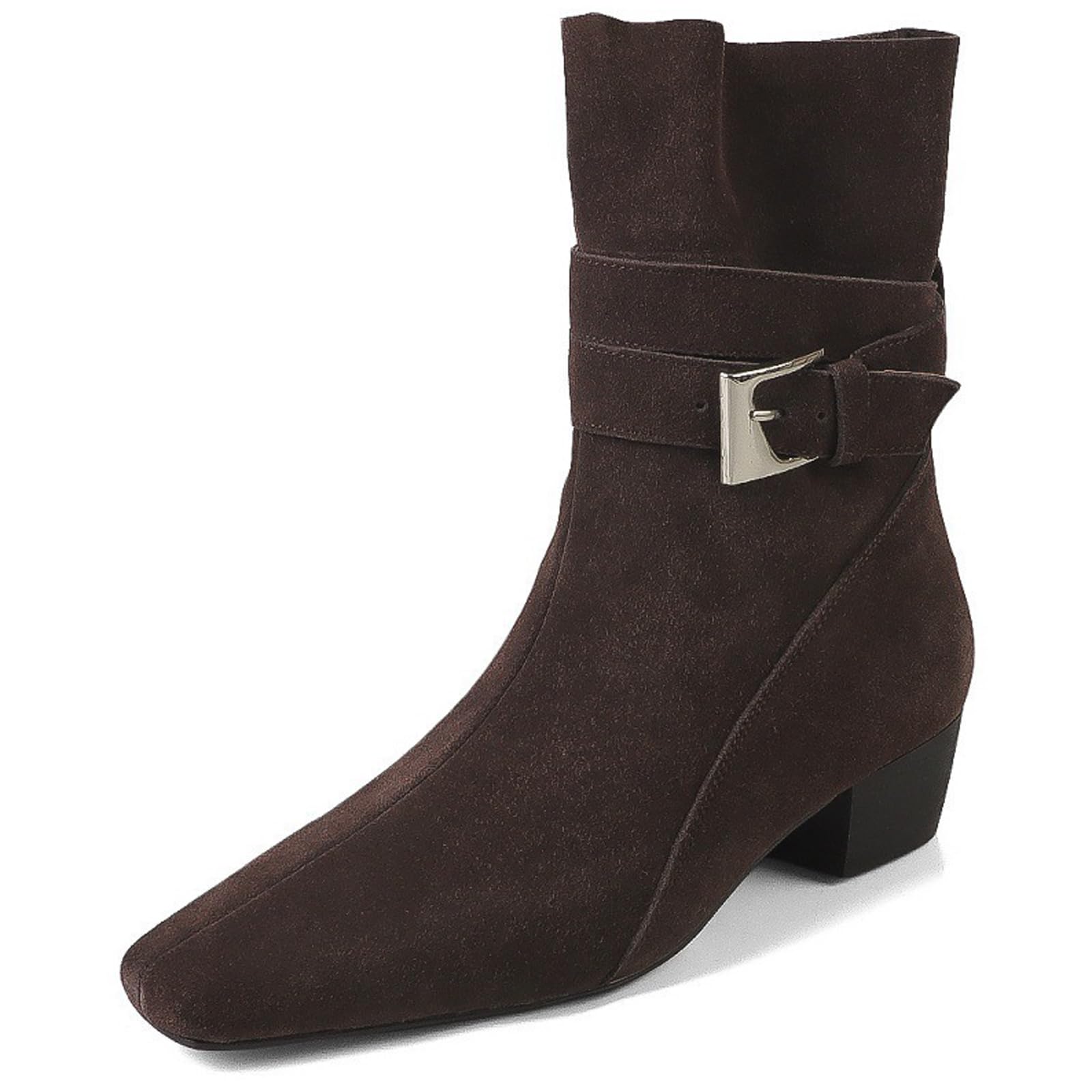 Womens Retro Suede Slouchy Booties With Chunky Heel Square-Toe Pull On Low Heel Fall Ankle Boots With Fashion